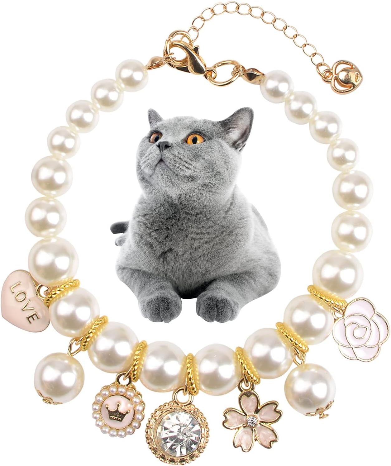 Pet Pearl Collar, 1 Pack Dog Pearls Necklace Collar Adjustable Pearl Dog Necklace with Rhinestone Pendant for Small Dogs Cats Puppy Kitten, S