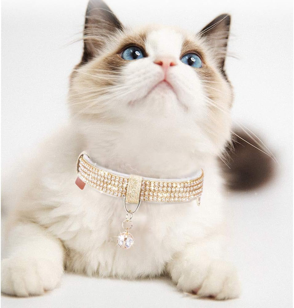 Cat Collar, Dog Collar, [Bling Rhinestones] Premium PU Leather with Pendant Adjustable Collars for Cat and Small Dog Extra Small Gold
