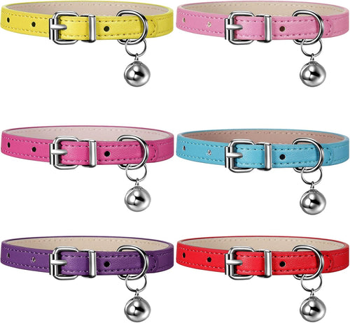 6 Pieces Leather Cat Collar with Bell Cute Pet Leather Kitten Collar for Boy Girl Cats with Safety Elastic Strap for Small Kitten Puppy(Classic Color)