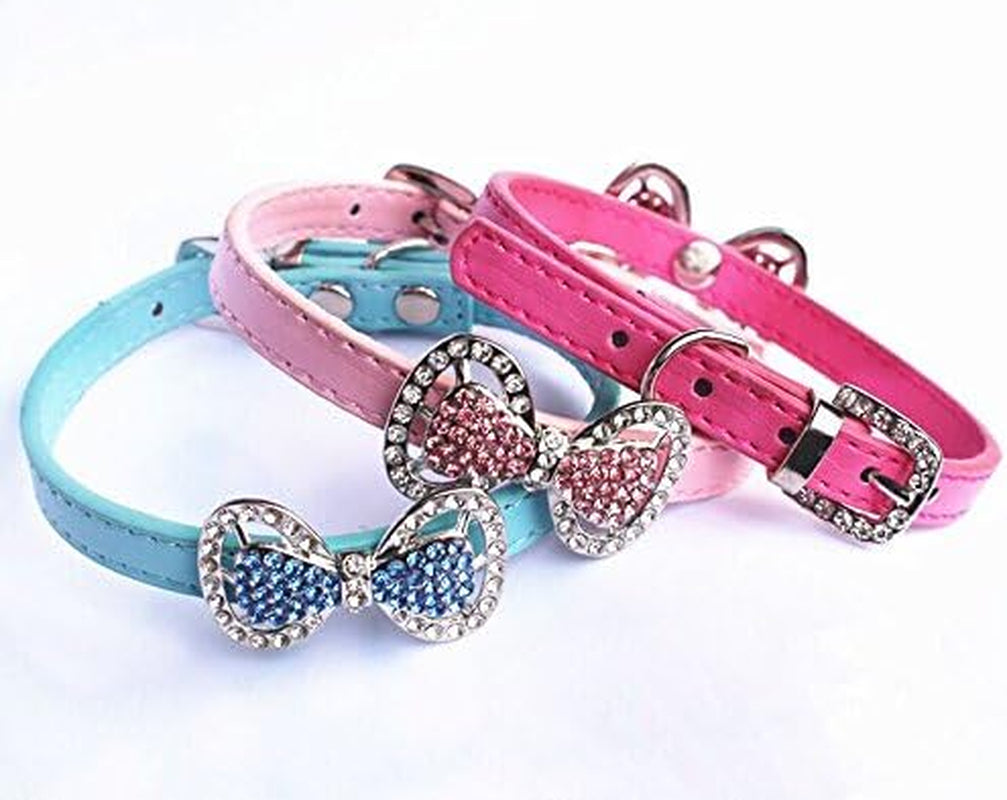 Leather Rhinestone Bow Tie Pet Cat Dog Collar Necklace Jewelry for Small Dogs Girl Kitten Puppy Teacup Chihuahua Yorkie Clothes Costume Outfits (8.7 to 10.7-Inch, Pink)