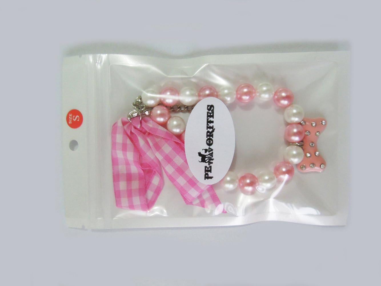 Necklace with Bling Pearls Rhinestones Bone Charm for Pets, 8-Inch, Pink