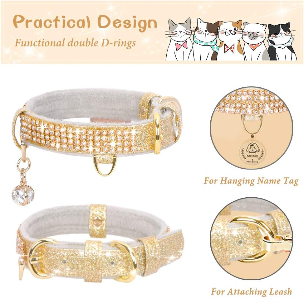 Cat Collar, Dog Collar, [Bling Rhinestones] Premium PU Leather with Pendant Adjustable Collars for Cat and Small Dog Extra Small Gold