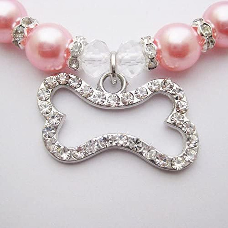 Crystal Dog Pearls Necklace Jewelry with Bling Rhinestone Bone Charm for Small Dogs Girl - Chihuahua Yorkie Clothes Costume Outfits Accessories, Adjustable (Pink, 8 to 10-Inch)