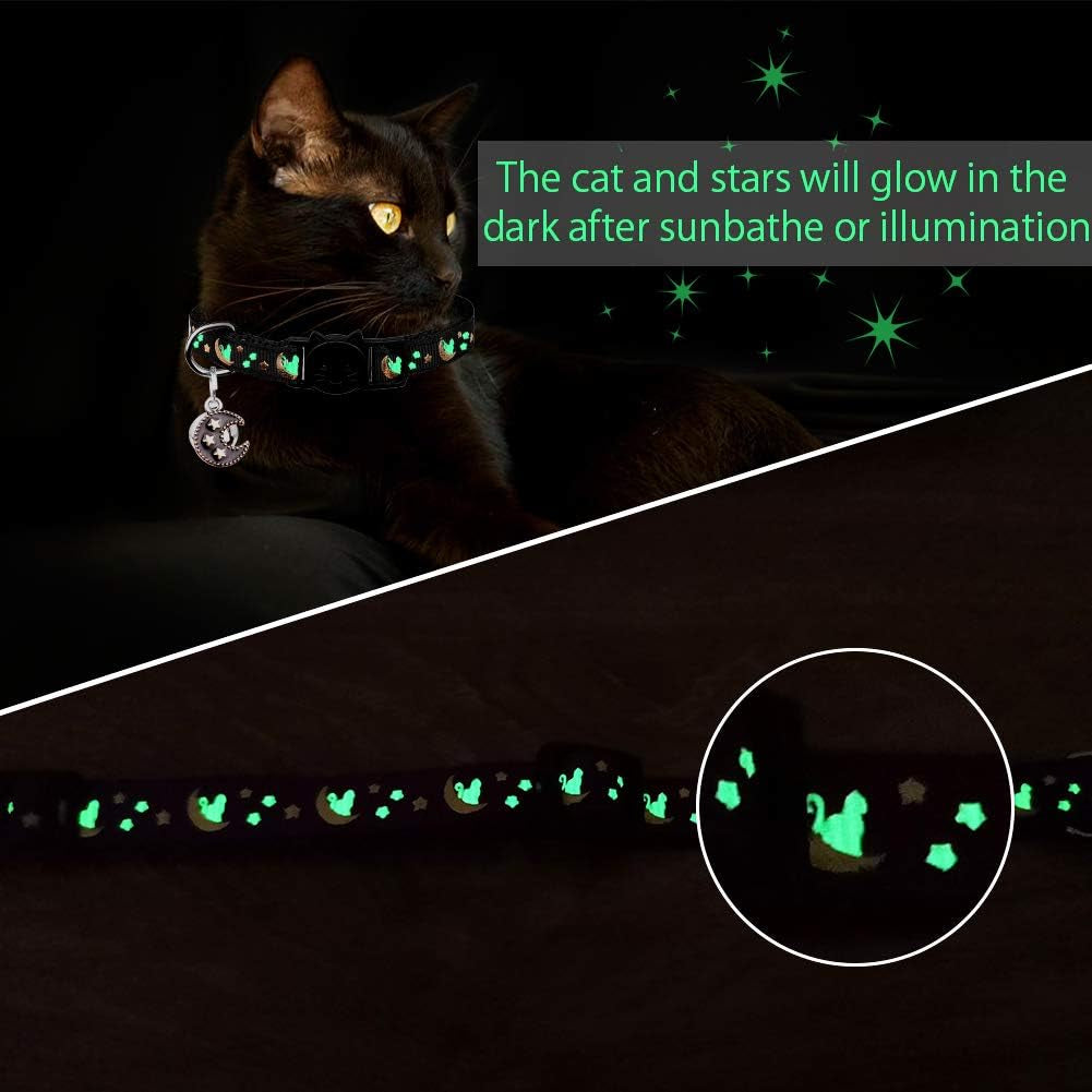 2Pcs Breakaway Cats Collars Cat Collars for Boy & Girl Cats Moons Adjustable Kitten Collars with Bell & Pendant Glow in the Dark,Purple+Black