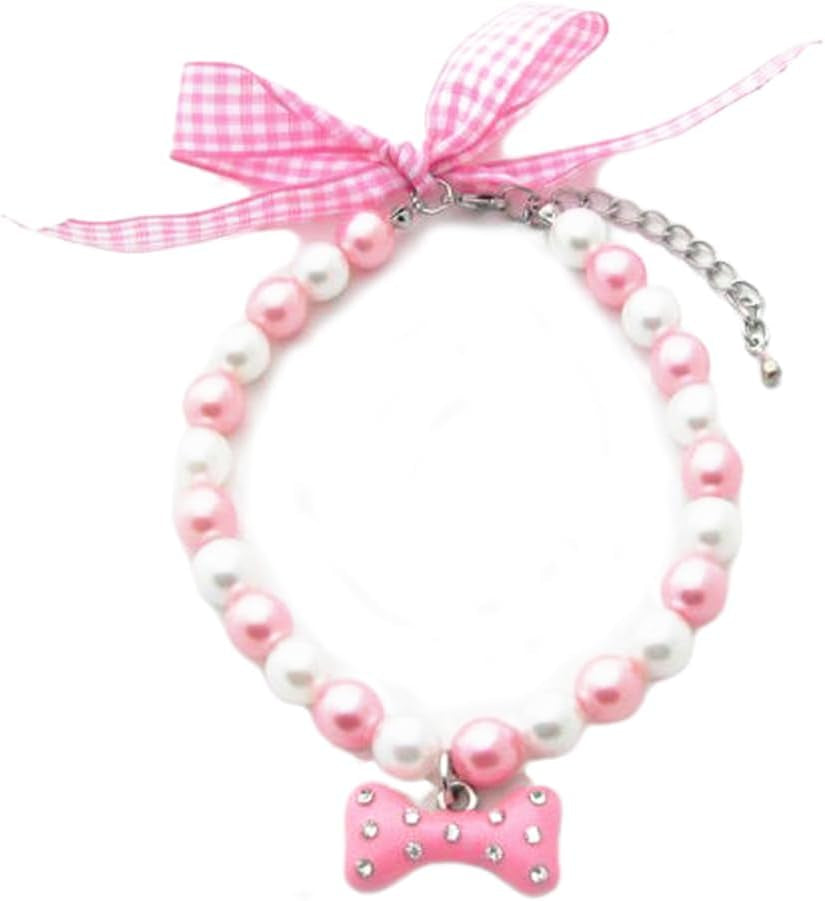 Necklace with Bling Pearls Rhinestones Bone Charm for Pets, 8-Inch, Pink