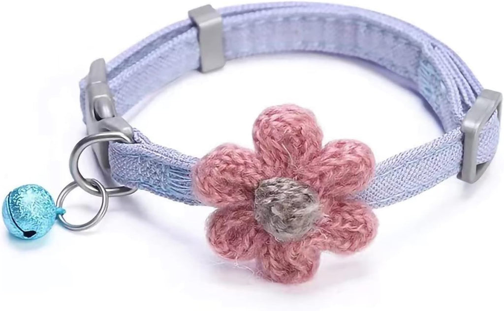 Handmade Cat Collars,Kitten Collar with Six Petals Flowers Collars Charms,Dog Cat Collar with Bells,Adjustable Cat Collars for Girl Cats (Sky Blue)
