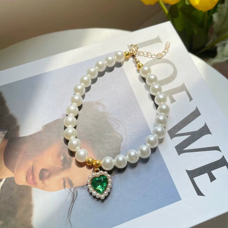 TONG Luxury Pearl Pet Collar Pet Cat Dog Collar Love Pendant Pet Supplies Love Crystal Collar Kitten Collar Cat Necklace