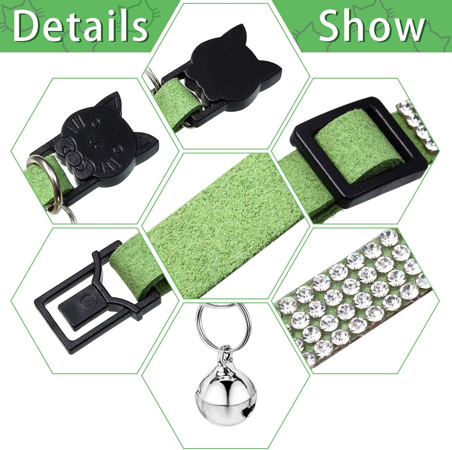 4 Pieces Rhinestones Cat Collars Breakaway Cat Collar with Bell Bling Pet Accessories with Soft Velvet, 4 Colors(Xs,Light Green, Light Blue, Light Purple, Rose Red)