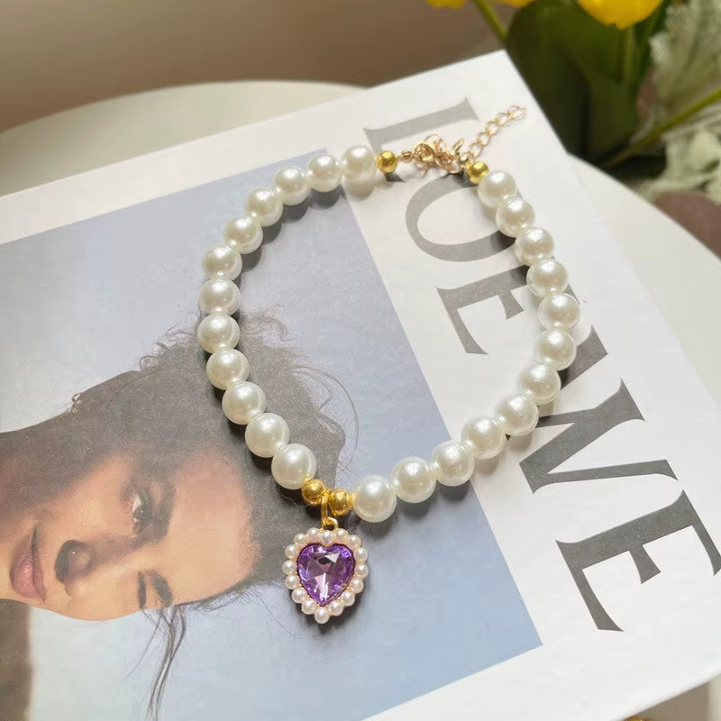 TONG Luxury Pearl Pet Collar Pet Cat Dog Collar Love Pendant Pet Supplies Love Crystal Collar Kitten Collar Cat Necklace