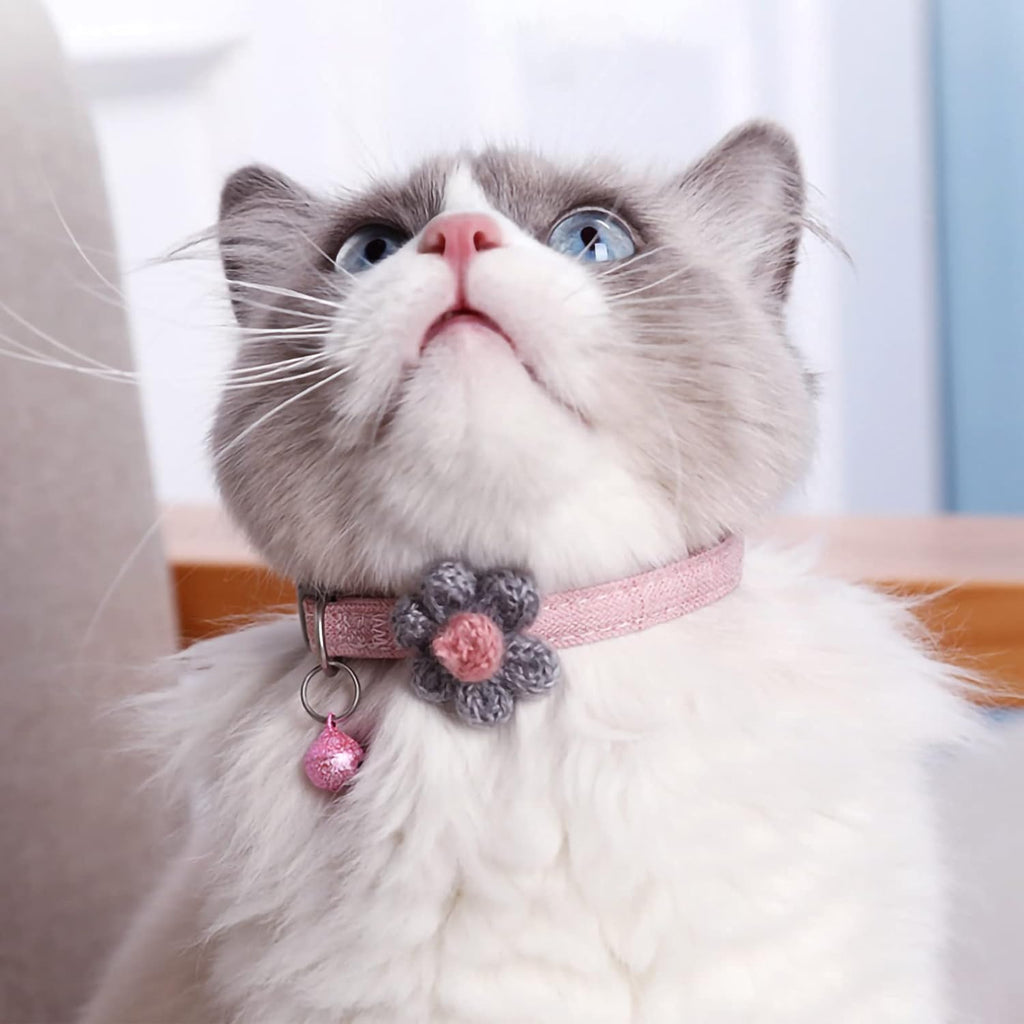 Handmade Cat Collars,Kitten Collar with Six Petals Flowers Collars Charms,Dog Cat Collar with Bells,Adjustable Cat Collars for Girl Cats (Sky Blue)
