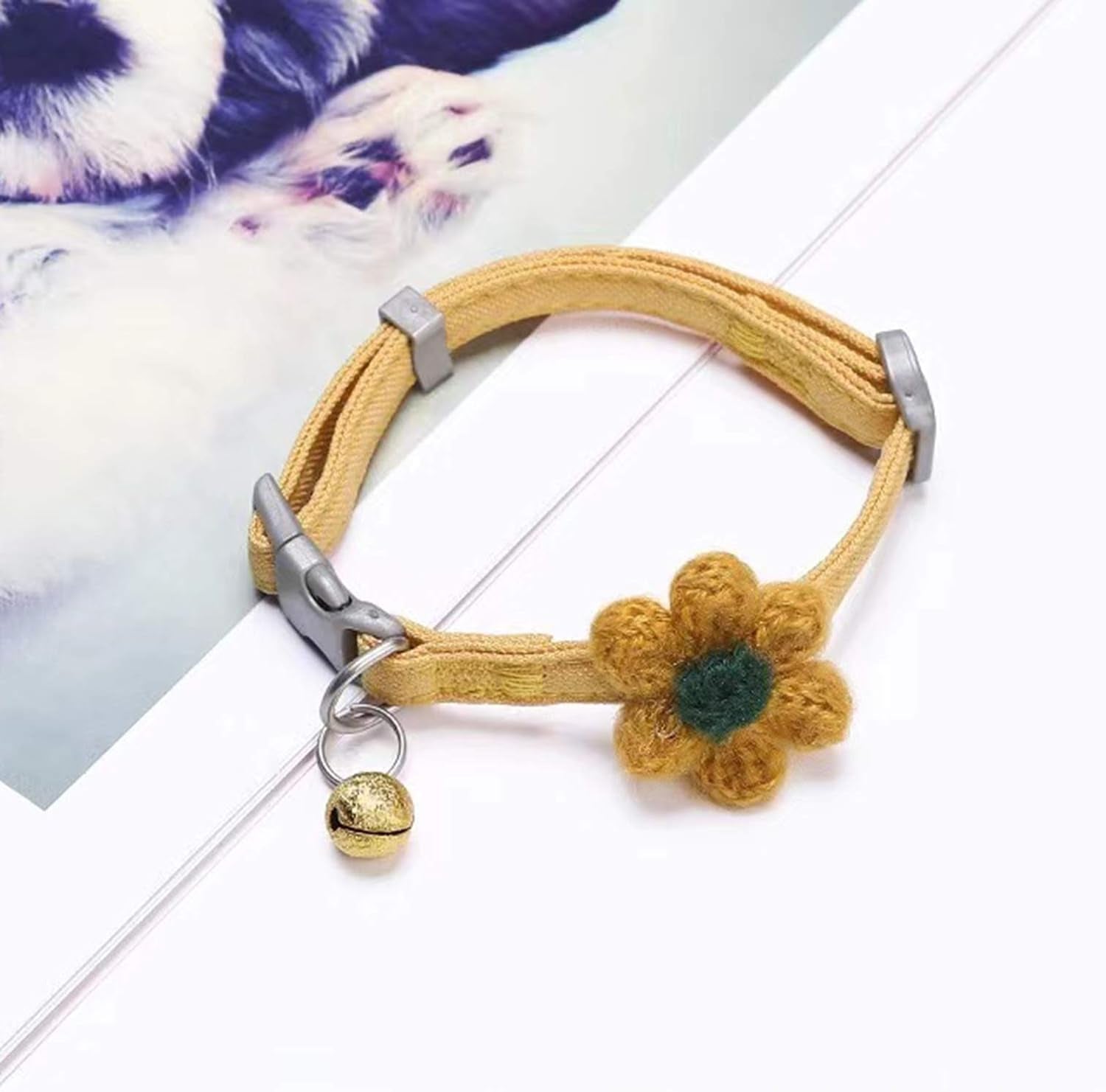 Handmade Cat Collars,Kitten Collar with Six Petals Flowers Collars Charms,Dog Cat Collar with Bells,Adjustable Cat Collars for Girl Cats (Sky Blue)