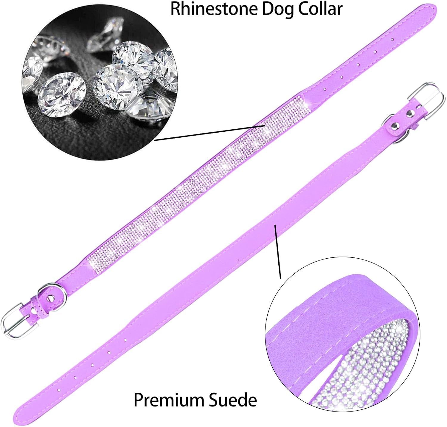 Rhinestone Dog Collar Soft Velvet Leather Cat Collars Cute Luxury Diamond Studded Bling Dog Collar Necklaces Adjustable Puppy Collar for Small Medium Large Dogs Cats Kitten (Purple,Xxs)