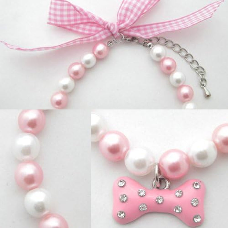 Necklace with Bling Pearls Rhinestones Bone Charm for Pets, 8-Inch, Pink