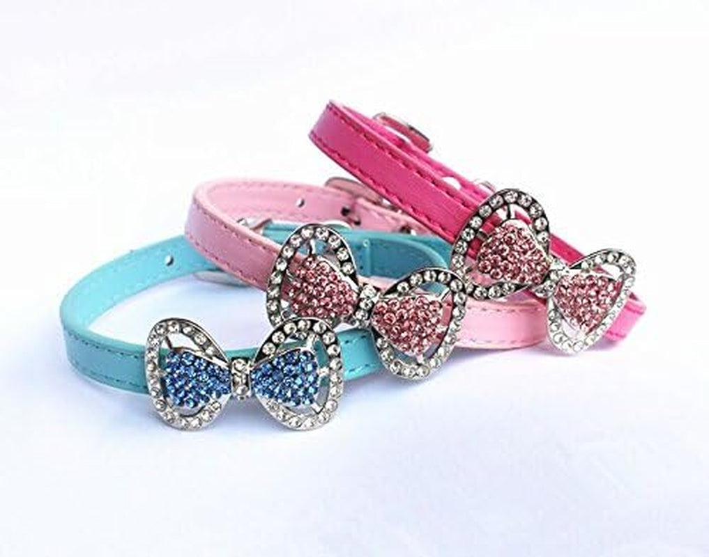 Leather Rhinestone Bow Tie Pet Cat Dog Collar Necklace Jewelry for Small Dogs Girl Kitten Puppy Teacup Chihuahua Yorkie Clothes Costume Outfits (8.7 to 10.7-Inch, Blue)