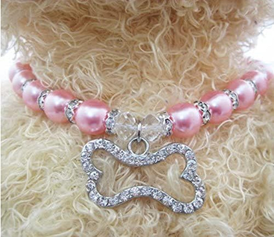 Crystal Dog Pearls Necklace Jewelry with Bling Rhinestone Bone Charm for Small Dogs Girl - Chihuahua Yorkie Clothes Costume Outfits Accessories, Adjustable (Pink, 8 to 10-Inch)