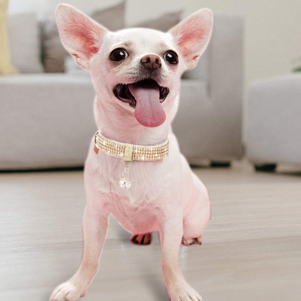 Cat Collar, Dog Collar, [Bling Rhinestones] Premium PU Leather with Pendant Adjustable Collars for Cat and Small Dog Extra Small Gold