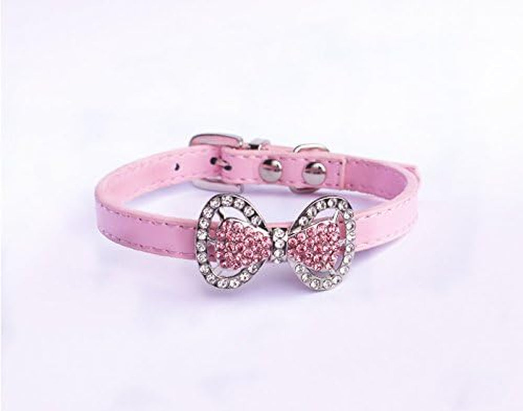 Leather Rhinestone Bow Tie Pet Cat Dog Collar Necklace Jewelry for Small Dogs Girl Kitten Puppy Teacup Chihuahua Yorkie Clothes Costume Outfits (8.7 to 10.7-Inch, Pink)