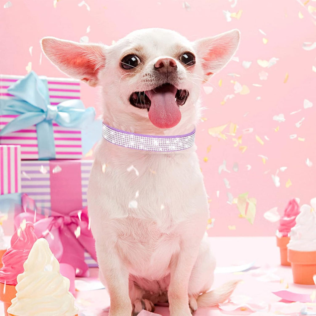 Rhinestone Dog Collar Soft Velvet Leather Cat Collars Cute Luxury Diamond Studded Bling Dog Collar Necklaces Adjustable Puppy Collar for Small Medium Large Dogs Cats Kitten (Purple,Xxs)