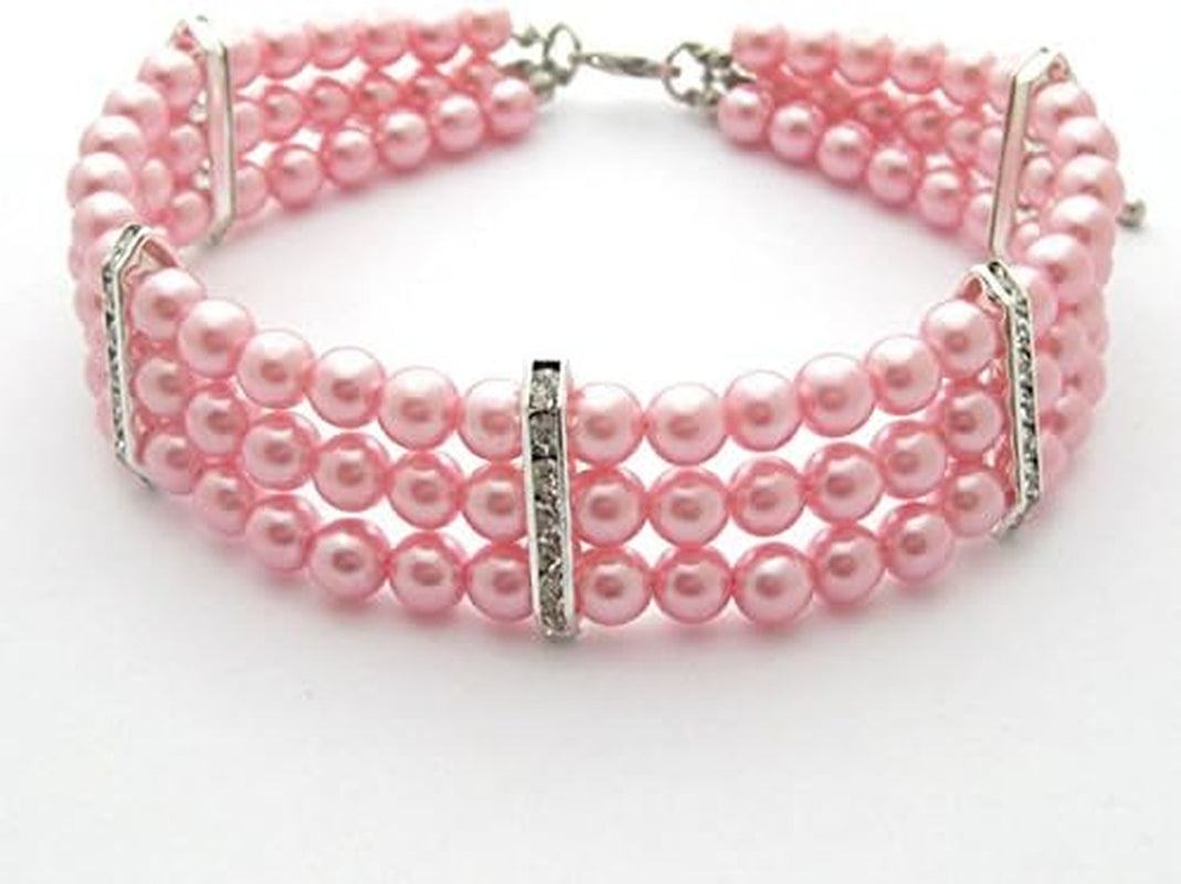 Fancy 3 Row Pearls Diamond Dog Necklace Collar Jewelry with Bling Rhinestones for Pets Cats Small Dogs Girl Teacup Chihuahua Yorkie Clothes Costume Outfits (Pink, 10 to 12-Inch)