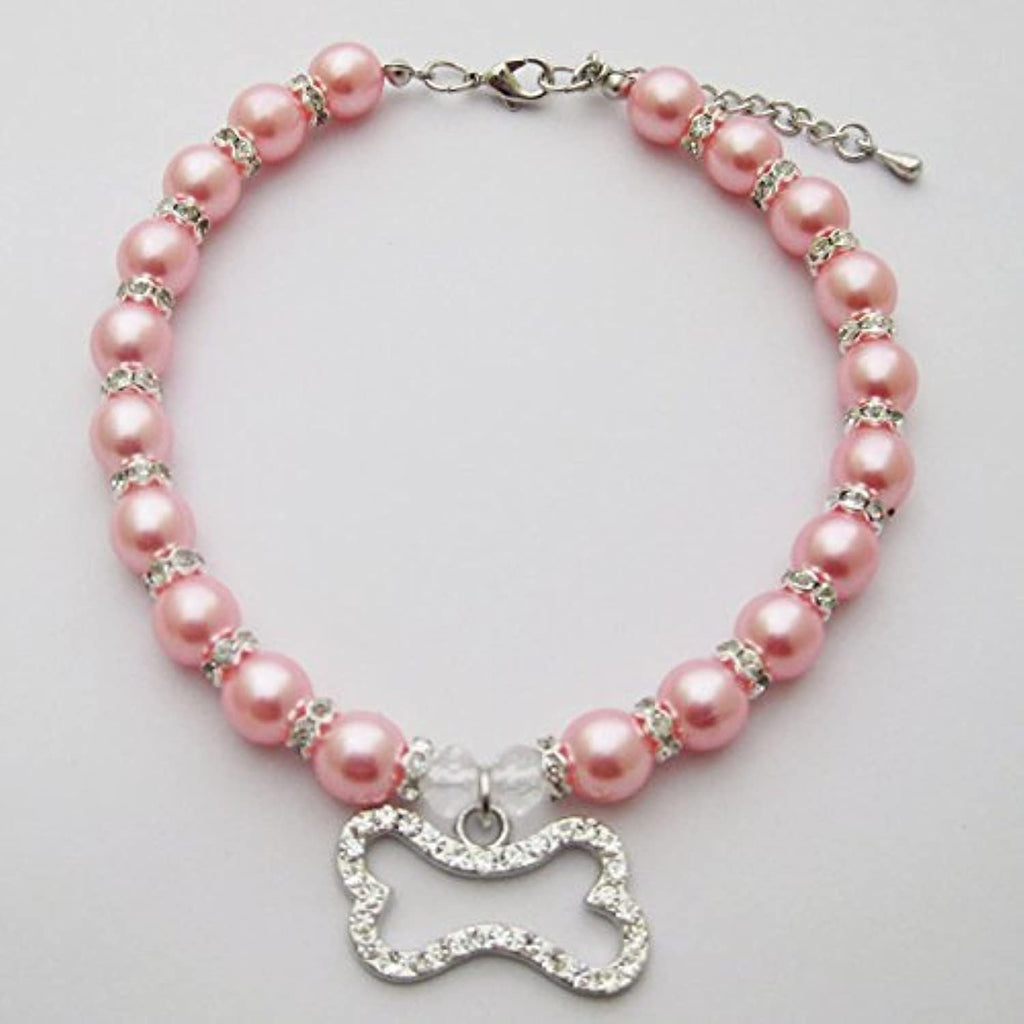 Crystal Dog Pearls Necklace Jewelry with Bling Rhinestone Bone Charm for Small Dogs Girl - Chihuahua Yorkie Clothes Costume Outfits Accessories, Adjustable (Pink, 8 to 10-Inch)