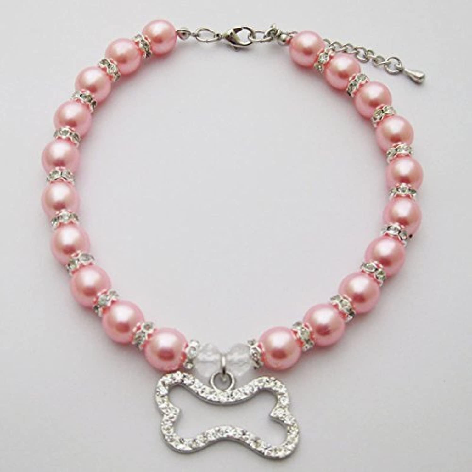 Crystal Dog Pearls Necklace Jewelry with Bling Rhinestone Bone Charm for Small Dogs Girl - Chihuahua Yorkie Clothes Costume Outfits Accessories, Adjustable (Pink, 8 to 10-Inch)