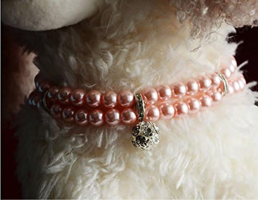 Luxury 2 Row Pearls Rhinestones Pet Cat Dog Necklace Collar Jewelry with Bling Crystal Ball Charm Pendant for Pets Cats Small Dogs Female Puppy Chihuahua Yorkie Costume Outfits