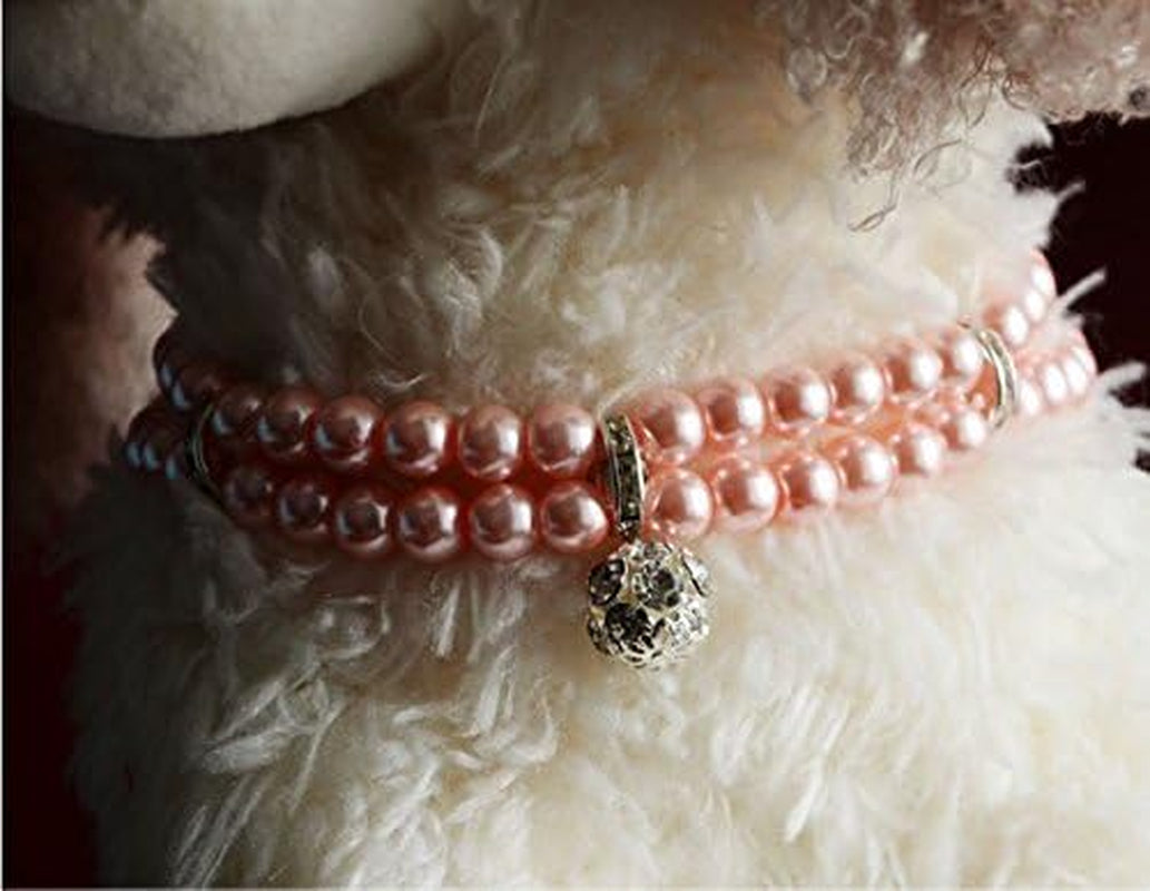 Luxury 2 Row Pearls Rhinestones Pet Cat Dog Necklace Collar Jewelry with Bling Crystal Ball Charm Pendant for Pets Cats Small Dogs Female Puppy Chihuahua Yorkie Costume Outfits