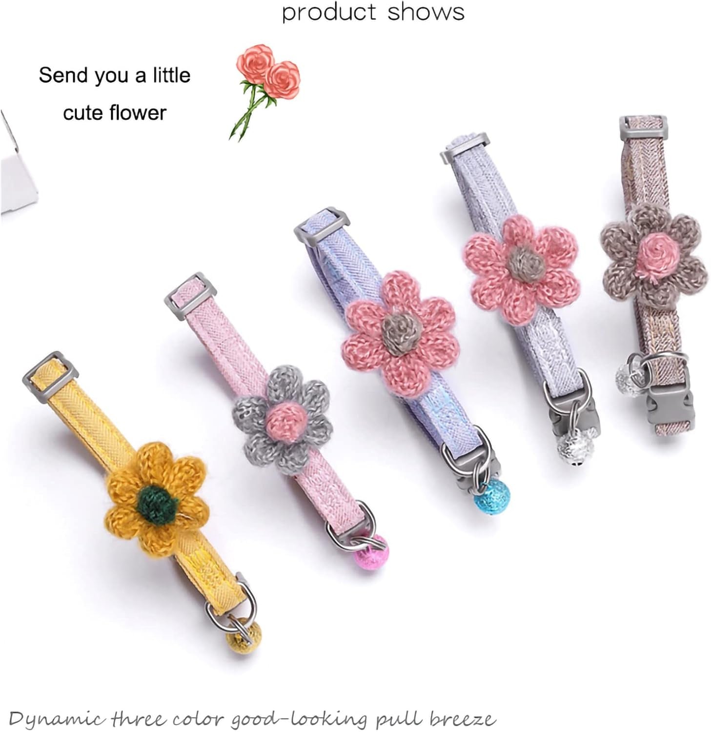 Handmade Cat Collars,Kitten Collar with Six Petals Flowers Collars Charms,Dog Cat Collar with Bells,Adjustable Cat Collars for Girl Cats (Sky Blue)