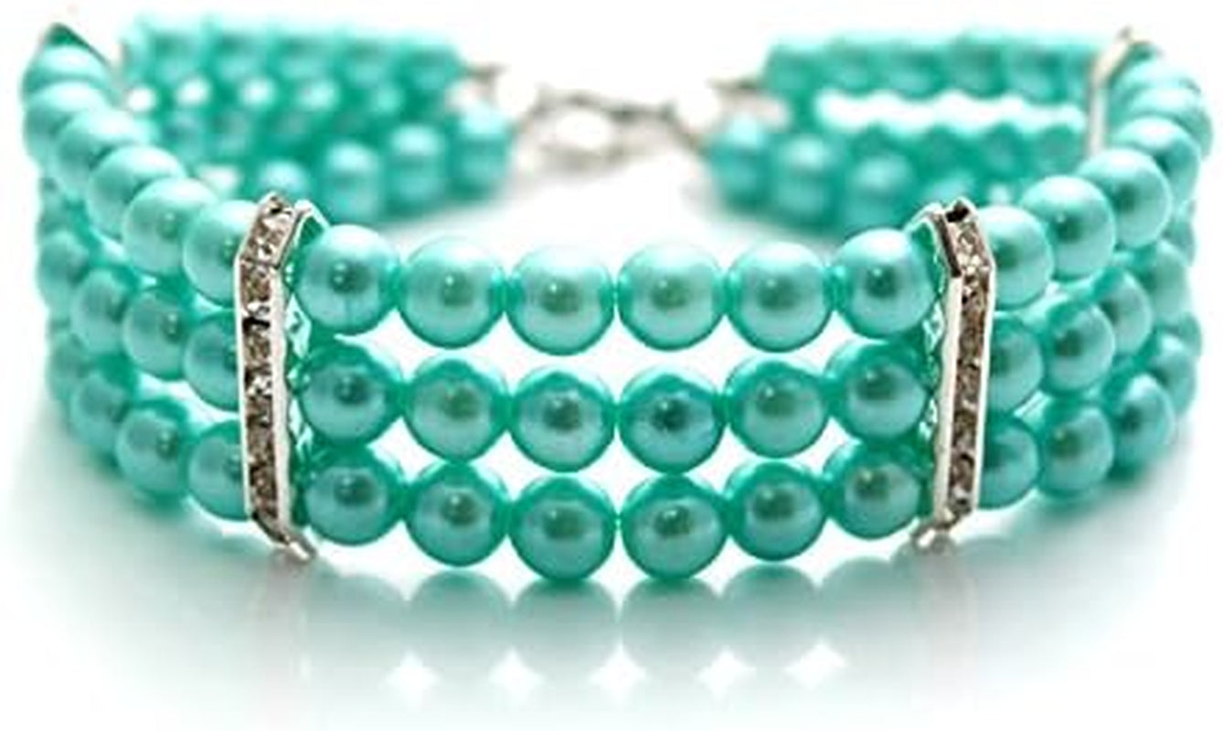 Fancy 3 Row Pearls Diamond Dog Necklace Collar Jewelry with Bling Rhinestones for Pets Cats Small Dogs Girl Teacup Chihuahua Yorkie Clothes Costume Outfits (Blue, 8 to 10-Inch)