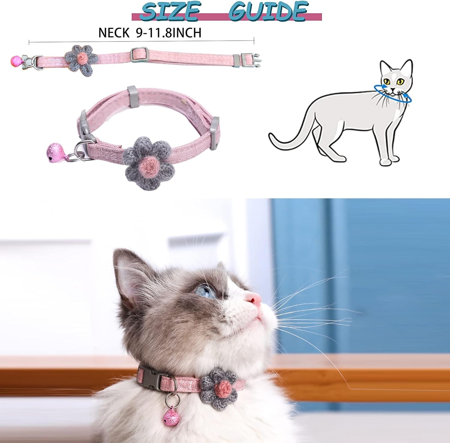 Handmade Cat Collars,Kitten Collar with Six Petals Flowers Collars Charms,Dog Cat Collar with Bells,Adjustable Cat Collars for Girl Cats (Sky Blue)