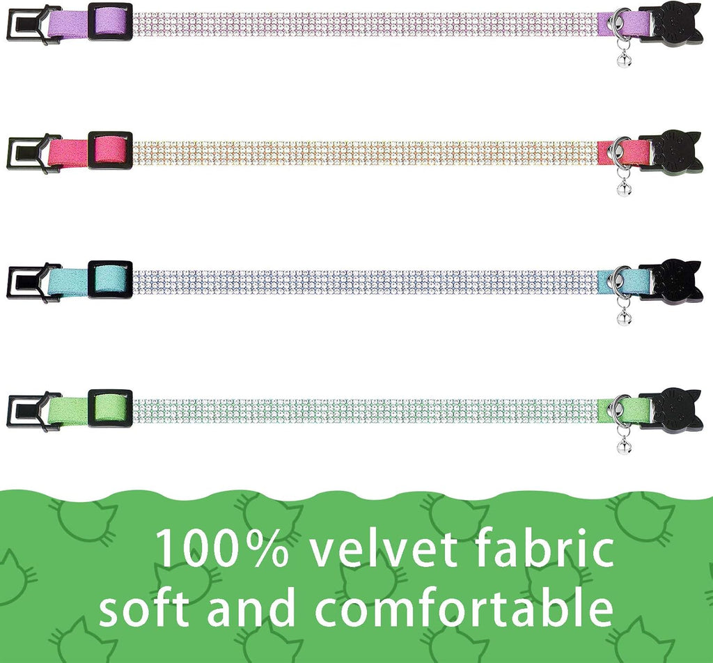 4 Pieces Rhinestones Cat Collars Breakaway Cat Collar with Bell Bling Pet Accessories with Soft Velvet, 4 Colors(Xs,Light Green, Light Blue, Light Purple, Rose Red)