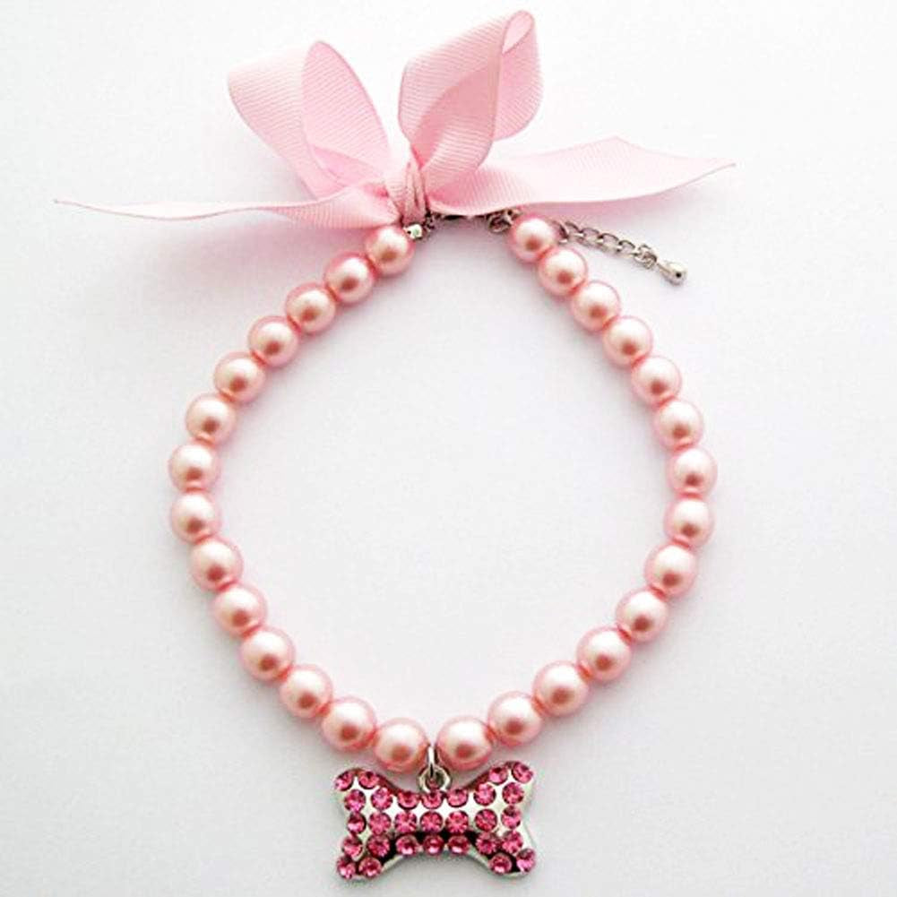 Fancy Pearls Crystal Dog Necklace Jewelry with Bling Rhinestones Big Bone Charm for Pets Cats Small Dogs Girl Teacup Chihuahua Yorkie Clothes Costume Outfits (Pink, 8 to 10-Inch)