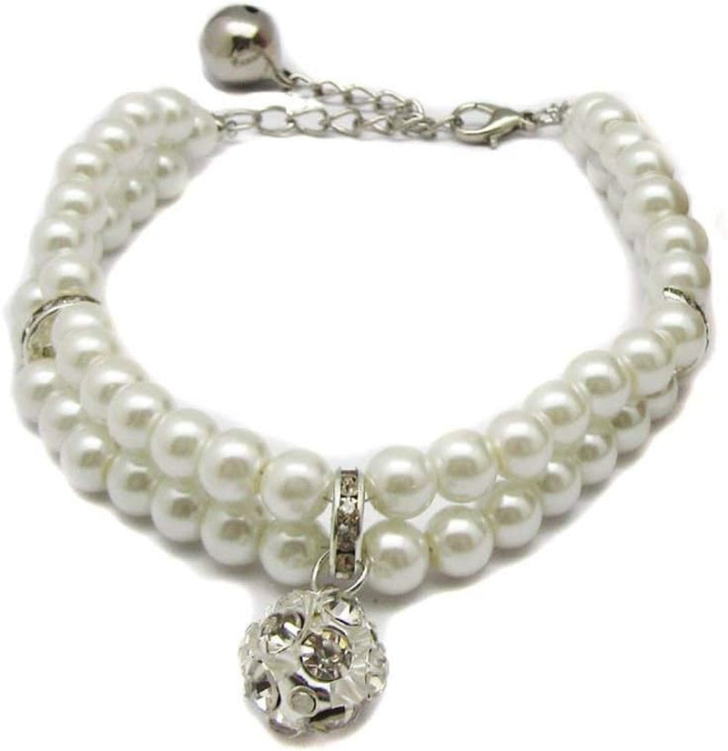 Luxury 2 Row Pearls Rhinestones Pet Cat Dog Necklace Collar Jewelry with Bling Crystal Ball Charm Pendant for Pets Cats Small Dogs Female Puppy Chihuahua Yorkie Costume Outfits