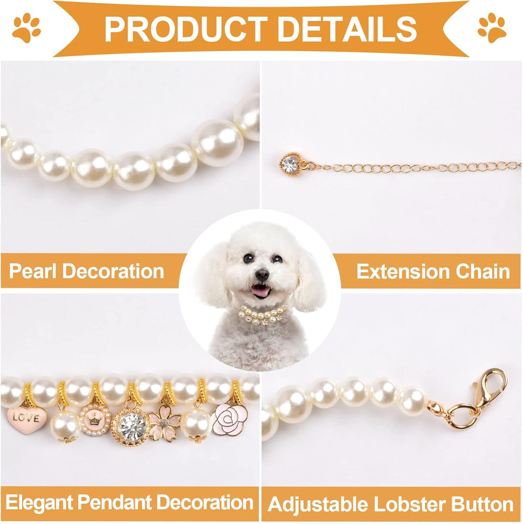 Pet Pearl Collar, 1 Pack Dog Pearls Necklace Collar Adjustable Pearl Dog Necklace with Rhinestone Pendant for Small Dogs Cats Puppy Kitten, S
