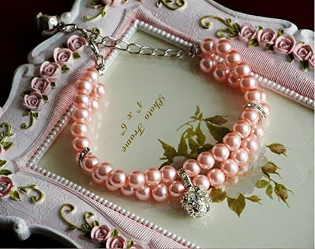 Luxury 2 Row Pearls Rhinestones Pet Cat Dog Necklace Collar Jewelry with Bling Crystal Ball Charm Pendant for Pets Cats Small Dogs Female Puppy Chihuahua Yorkie Costume Outfits