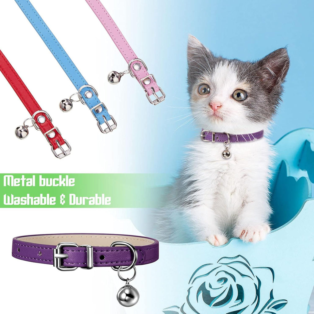6 Pieces Leather Cat Collar with Bell Cute Pet Leather Kitten Collar for Boy Girl Cats with Safety Elastic Strap for Small Kitten Puppy(Classic Color)