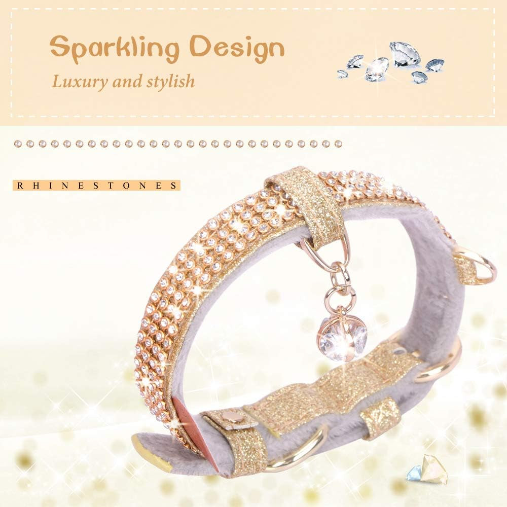 Cat Collar, Dog Collar, [Bling Rhinestones] Premium PU Leather with Pendant Adjustable Collars for Cat and Small Dog Extra Small Gold