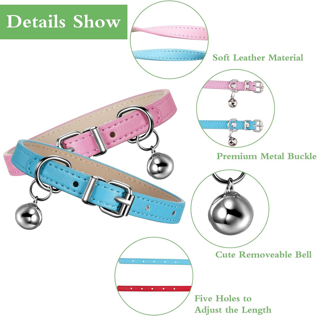 6 Pieces Leather Cat Collar with Bell Cute Pet Leather Kitten Collar for Boy Girl Cats with Safety Elastic Strap for Small Kitten Puppy(Classic Color)