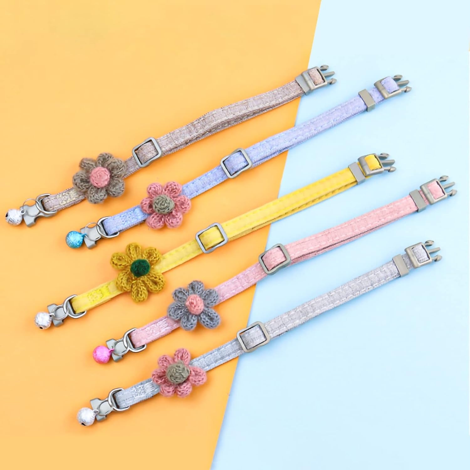 Handmade Cat Collars,Kitten Collar with Six Petals Flowers Collars Charms,Dog Cat Collar with Bells,Adjustable Cat Collars for Girl Cats (Sky Blue)