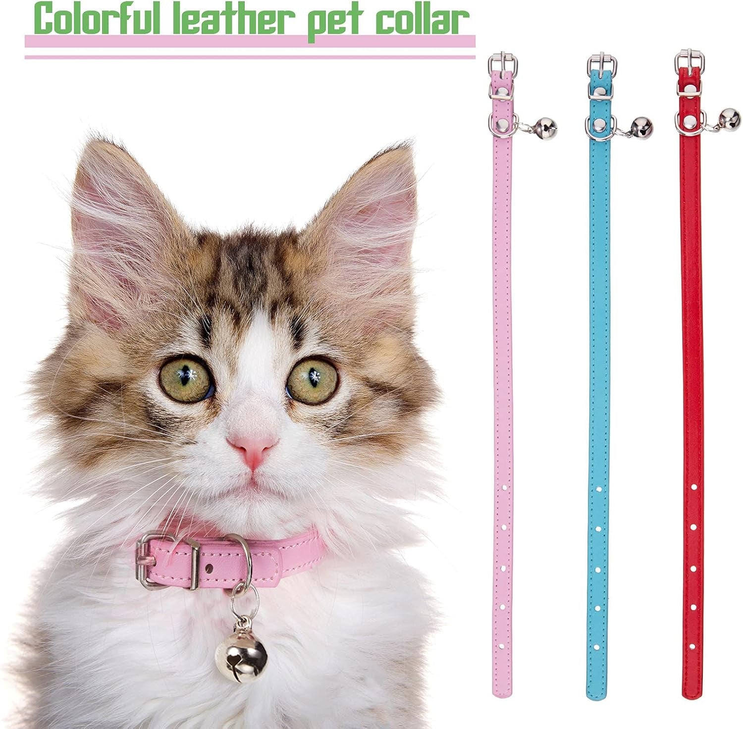 6 Pieces Leather Cat Collar with Bell Cute Pet Leather Kitten Collar for Boy Girl Cats with Safety Elastic Strap for Small Kitten Puppy(Classic Color)