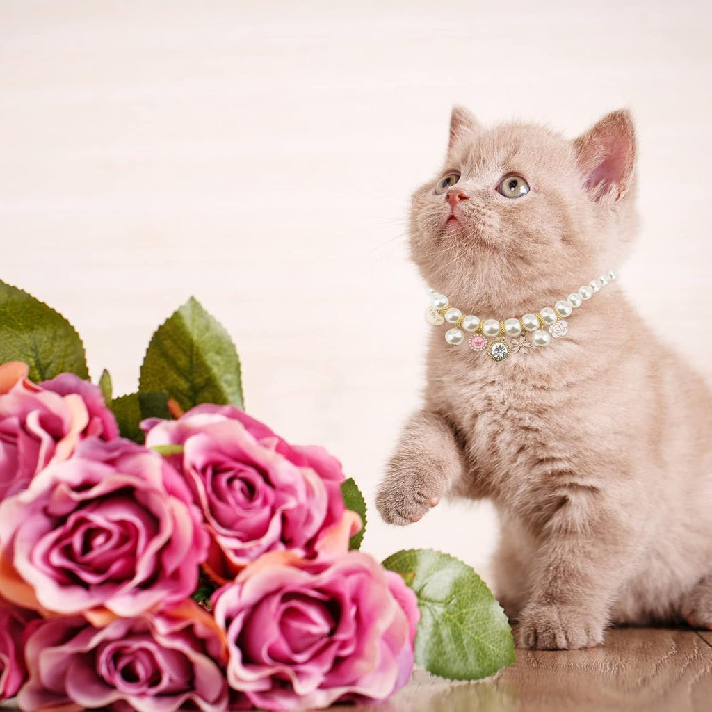 Pet Pearl Collar, 1 Pack Dog Pearls Necklace Collar Adjustable Pearl Dog Necklace with Rhinestone Pendant for Small Dogs Cats Puppy Kitten, S