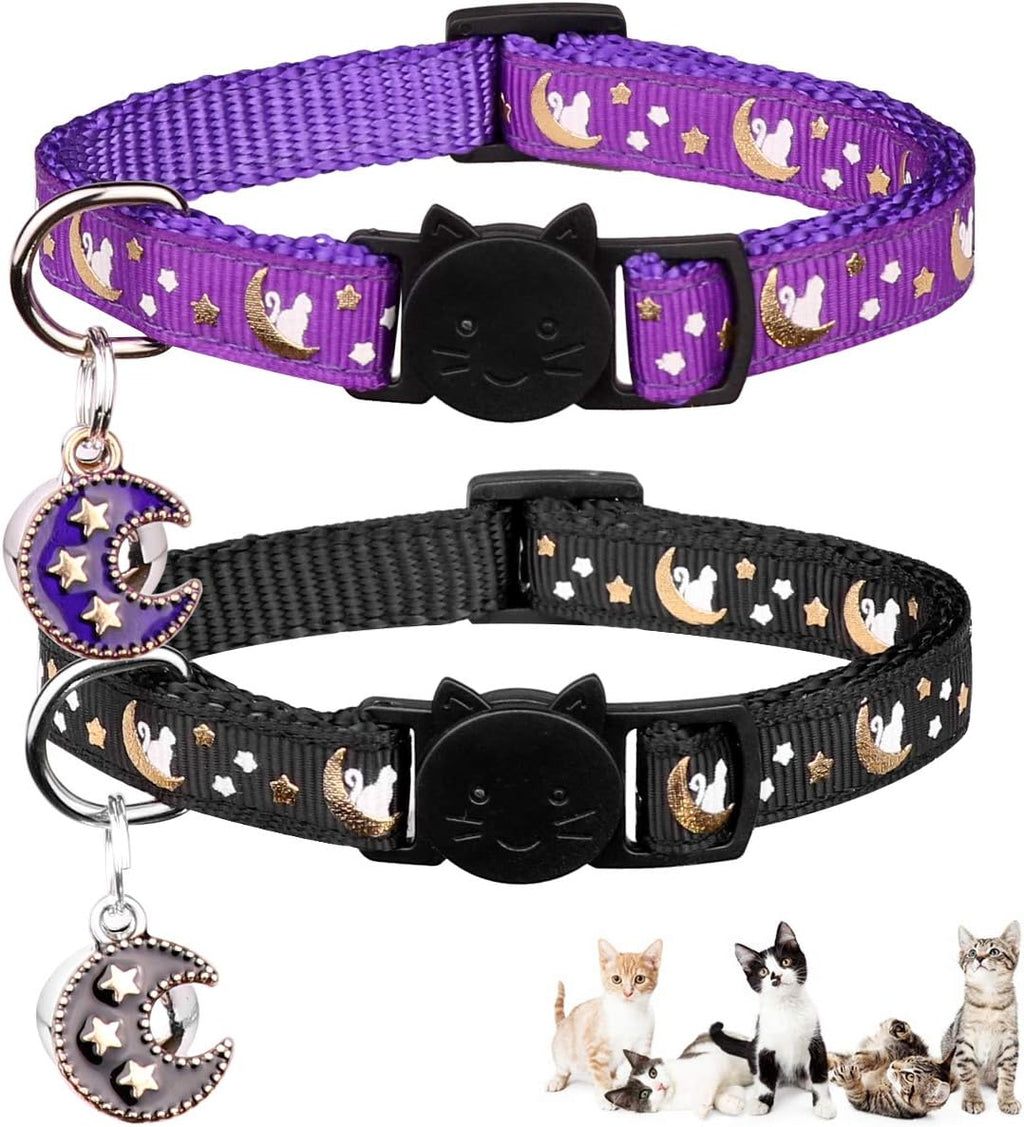 2Pcs Breakaway Cats Collars Cat Collars for Boy & Girl Cats Moons Adjustable Kitten Collars with Bell & Pendant Glow in the Dark,Purple+Black