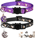 2Pcs Breakaway Cats Collars Cat Collars for Boy & Girl Cats Moons Adjustable Kitten Collars with Bell & Pendant Glow in the Dark,Purple+Black