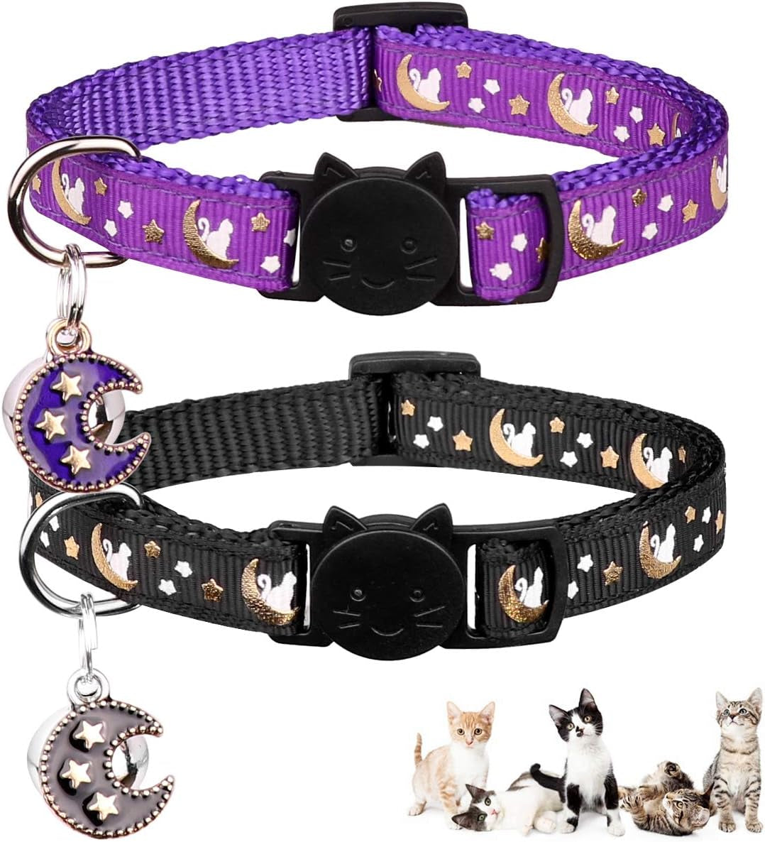 2Pcs Breakaway Cats Collars Cat Collars for Boy & Girl Cats Moons Adjustable Kitten Collars with Bell & Pendant Glow in the Dark,Purple+Black