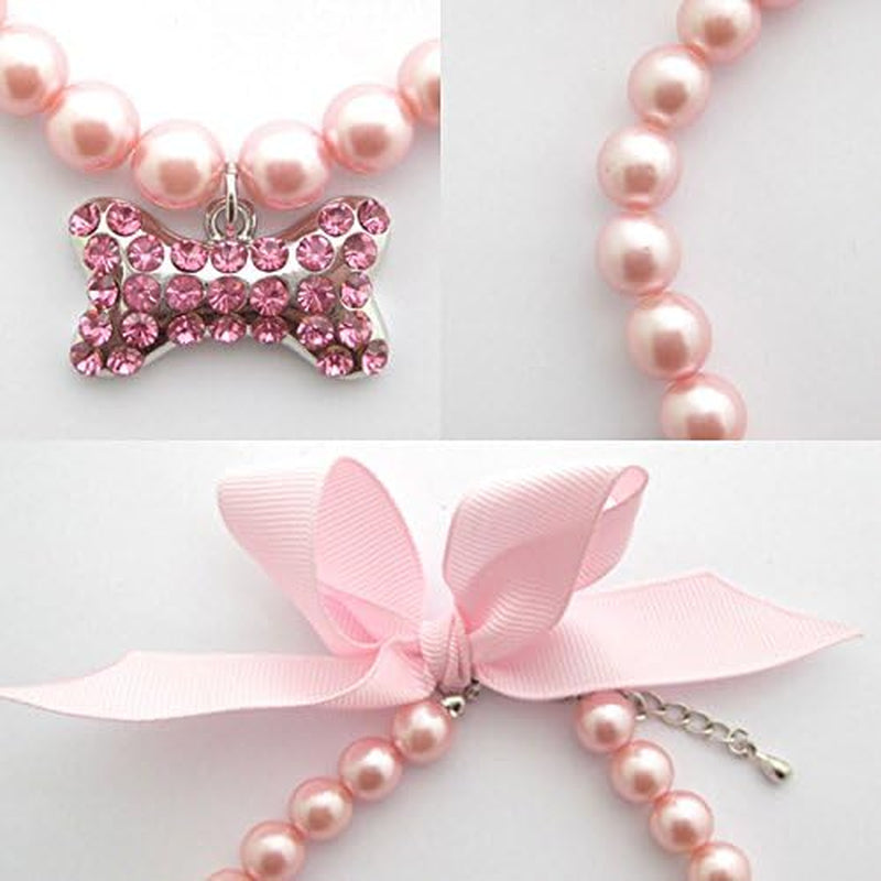 Fancy Pearls Crystal Dog Necklace Jewelry with Bling Rhinestones Big Bone Charm for Pets Cats Small Dogs Girl Teacup Chihuahua Yorkie Clothes Costume Outfits (Pink, 8 to 10-Inch)